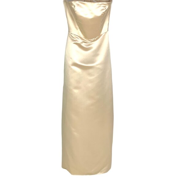 Bill Levkoff Strapless Champagne Satin Evening Gown 4 Column Wedding Black Tie - Picture 2 of 9